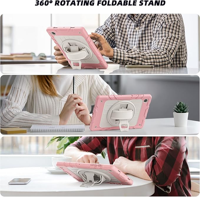for Samsung Galaxy Tablet A8 Case 10.5 inch 2022 SM-X200/X205/X207 with Screen Protector [360 Rotating Stand] &Hand Shoulder Strap Shockproof Rugged Protective Cover|Pink&Beige