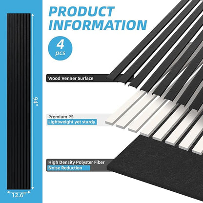 Art3d 4-Piece 94 x 12.6 Inch Acoustic Lightweight Slat Wall Panel - Waterproof Wood Textured Wainscoting Panel of 33 Sq.Ft for Bedroom, Home Theater Office Accent Wall, Matte Black