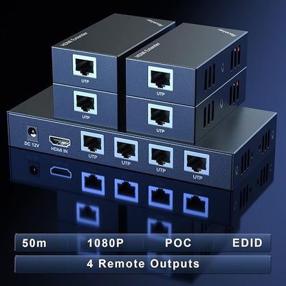 HDMI Extender Splitter 1x4 1080P@60Hz Over Cat 5E/6/7 Ethernet Cable 50m (165ft) Support EDID Copy POC Function (1 in 4 Out)