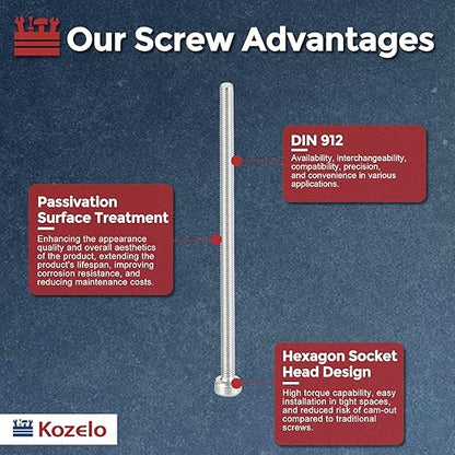 Kozelo 15pcs Socket Head Cap Screws - [M3-0.5 x 60mm] 304 Stainless Steel Allen Socket Drive for Electrical Motor 3D Printing Fan Engine Replacement Use, Silver