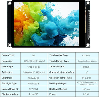 Hosyond 4.0 Inch 320x480 TN Capacitive Touch Screen LCD Display Module SPI Serial ST7796S Driver for Arduino R3/Mega2560/ESP32
