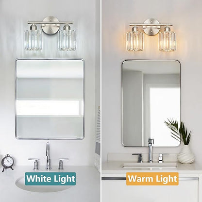 FDPBY Modern 2 Light Crystal Vanity Light, Brushed Nickel Vertical Bathroom Light Fixture Over Mirror for Dressing Table Sink, Compatible with Dimmable Bulbs (Bulbs Not Included)