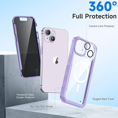 seacosmo for iPhone 14 Plus Case, Full Body Bumper with Built-in 9H Tempered Glass Privacy Screen and Camera Lens Protector, Compatible with MagSafe, Shockproof Phone Case, 6.7", Light Purple