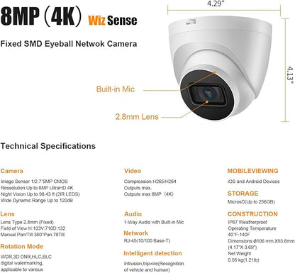 OHBET DahuaSecurity 4K 8MP PoE IP Dome Camera – Outdoor AI Security Turret Camera with Human & Vehicle Detection, 98ft IR Night Vision, IP67, Built-in Mic, Smart Surveillance for Home