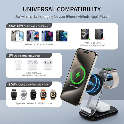 2026 Traveling Wireless Mag-Safe Fast Charging Station,Magnetic 3 in 1 Charger with Light for iPhone 17 16 15 14 13 12 Pro Max Plus,Apple Watch & Air pods 4 3 2 Pro-Gifts for Wife & Husband(Black)