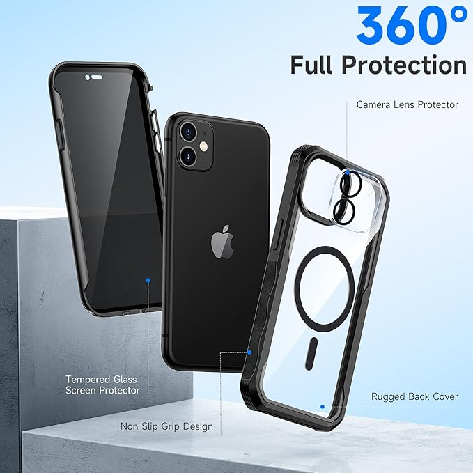 seacosmo for iPhone 11 Case, Full Body Bumper with Built-in 9H Tempered Glass Privacy Screen Protector and Camera Lens Protector, Compatible with MagSafe, Shockproof 11 Phone Case, 6.1", Black