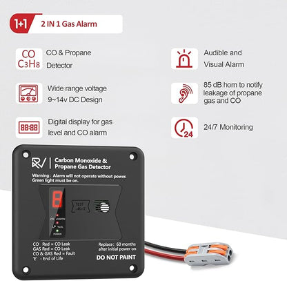 RV Carbon Monoxide and Propane Detector, Replace The Old RV Gas Detector #31011,2 in 1 Dual CO/LP Gas Alarm,100dB Loud Alarm,12V DC for Motorhome Travel Trailer, Motor Coach (R503 Flush Mount-Black)