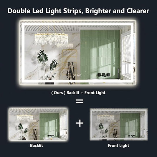 YEELAIT 68x40 Inch LED Bathroom Mirror with Lights Front and Backlit Lighted Vanity Mirror for Bathroom Wall with 3 Colors Dimmable Anti-Fog Memory Shatter-Proof IP54 Waterproof Horizontal/Vertical