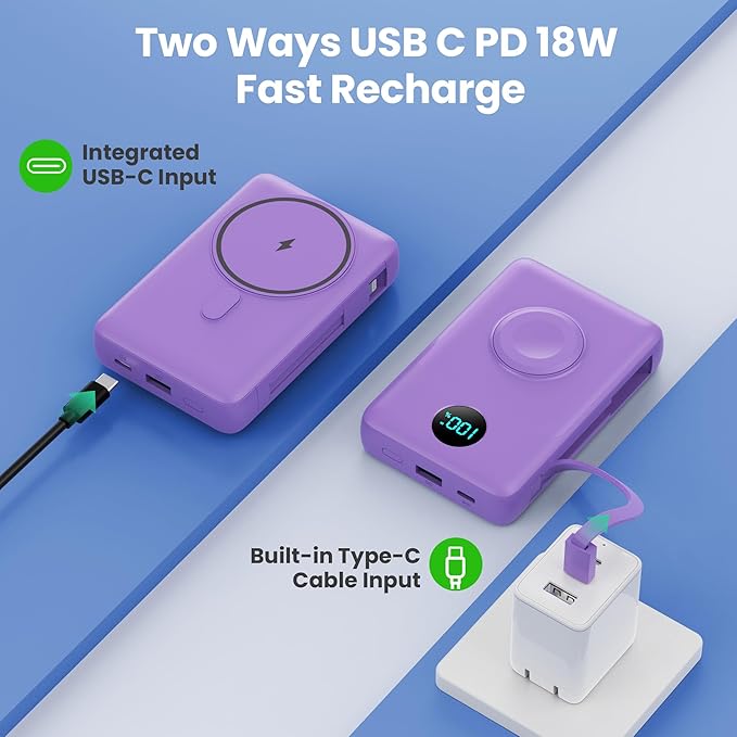 Magnetic Portable Charger 10800mAh for iPhone with Built-in Cables, 6-in-1 Wireless Power Bank with iWatch Charger,25W PD Fast Charging USB C Battery Pack for iPhone 16/15/14/13/12,Apple Watch(Purple)