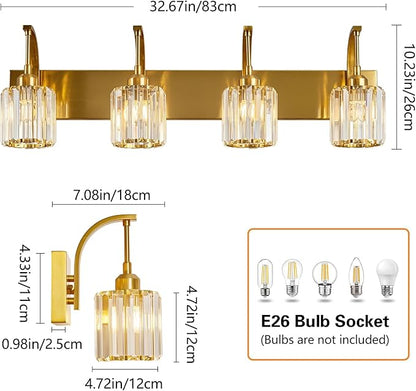 FDPBY 4-Light Crystal Vanity Light, Modern Gold Bathroom Wall Sconce with K9 Crystal Shades, 32.67" Long Over Mirror Lighting for Vanity, Makeup, Hallway, Elegant & Easy Install