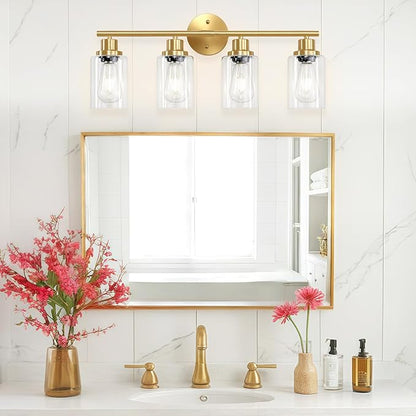 Guliaofo 4-Light Gold Bathroom Light Fixtures, E26 Modern Vanity Lights for Bathroom with Clear Glass Shade, Wall Lamps for Mirror Hallway Kitchen Cabinet Living Room Sconces Lights