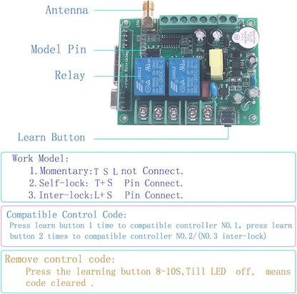 Motor Wireless Remote Control Switch AC 85V 110V 220V 250V 10A High Power Door Electric Curtain Remote Forwards Reverse, Wide Voltage 85V-250V 433MHz RF Remote Control Relay ON/OFF (2X Control 433MHz)
