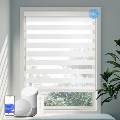 COOLWINDS Motorized Zebra Blinds for Windows Cordless Electric Curtains with Remote Control Blackout Shades Custom Smart Blinds Compatible with Alexa Google Home(Light Filtering White,W54 X 72in)