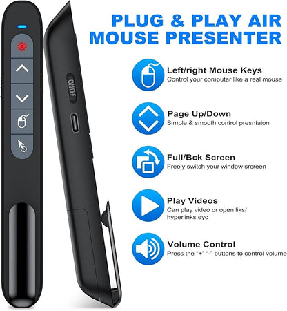 2 in 1 USB Type C Wireless Presenter Remote with Air Mouse, Rechargeable Presentation Clicker PPT Pointer RF 2.4GZ PowerPoint Clicker Slide Advancer for Computer Mac