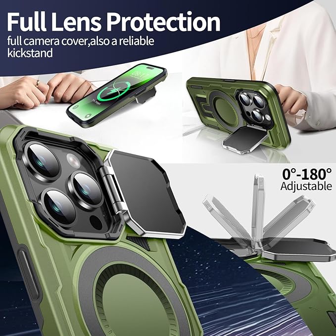 Camera Stand Case for iPhone 14 Pro, [Compatible with Mag Safe] [Lens Cover] 2024 Version Military Grade Protective Soft Case for iPhone 14 Pro 6.1 inch Men Women, Green
