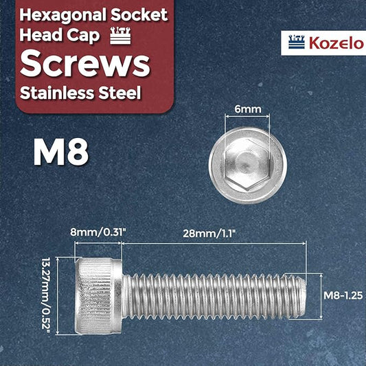 Kozelo 10pcs Socket Head Cap Screws - [M8-1.25 x 28mm] 304 Stainless Steel Allen Socket Drive for Electrical Motor 3D Printing Fan Engine Replacement Use, Silver