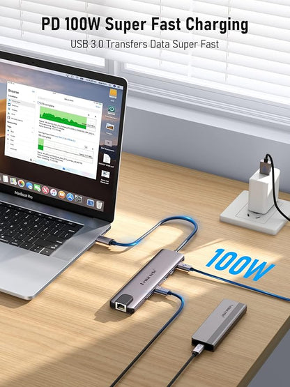 Aluminum Docking Station USB-C Hub with 2 HDMI, Gigabit Ethernet, 4 USB A, USB-C 3.0, PD 100W, SD/TF, 1000Mbps RJ45 LAN Dock Adapter for MacBook Docking Station Laptop, Supports 2 Monitor