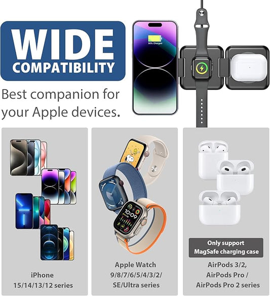 3 in 1 Apple Charging Station for iPhone Airpods iWatch - Travel Charger for Multiple Devices, Portable Foldable Charging Station - Magnetic iPhone Charger with Adaptor&Case (Black)
