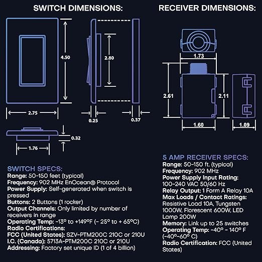 RunLessWire 2 Fixture Battery-Free DIY Kinetic Wireless Light Switch Kit 150ft RF Range for Different Fixtures or Outlets: 1 Remote Switch Controls 2 5A On/Off Receivers Simultaneously – Brown