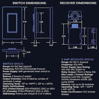 RunLessWire 3-Way Battery-Free DIY Wireless Light Switch Kit 150ft RF Range Self-Powered by Kinetic Energy for Hallways & Stairways: 2 Remote Switches Control 1 5A On/Off Receiver – Light Almond
