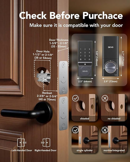 Devo G5 Smart Locks for Front Door, Keyless Entry Door Lock, Deadbolt Smart Lock, App Control, Built-in Wi-Fi, Touchscreen Keypad, 8 Months Battery, IP54 Waterproof, Auto Lock, Easy Installation