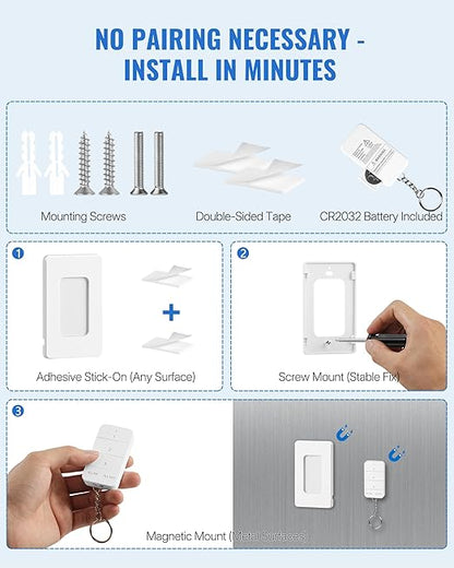 Remote Control Outlet, WILAWELS Wireless Light Switch with Magnetic Base, On Off Remote Outlet Switch for Lights, Lamps, 100ft RF Range, 15A/1875W, Pre-Programmed, 1 Remote for 3 Plugs W09RC1306