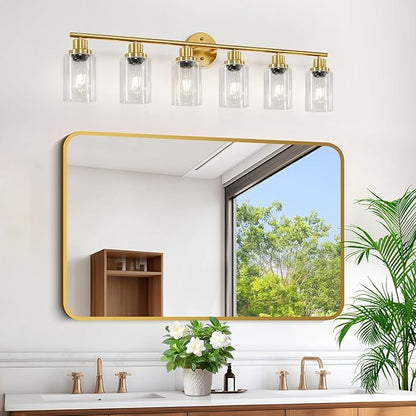 Guliaofo 6-Light E26 Gold Bathroom Vanity Lights, Modern Bathroom Light Fixtures with Clear Glass Shade, Wall Lamps for Mirror Hallway Kitchen Cabinet Living Room Sconces Lights