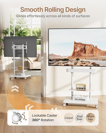 ECOTINY Steel Base Rolling TV Stand with Soundbar Mount for 37-75 inch TVs up to 154lbs, Swivel&Tilt Mobile TV Stand with Large Storage, Height Adjustable Heavy-Duty TV Cart, Max VESA 600x400mm, White