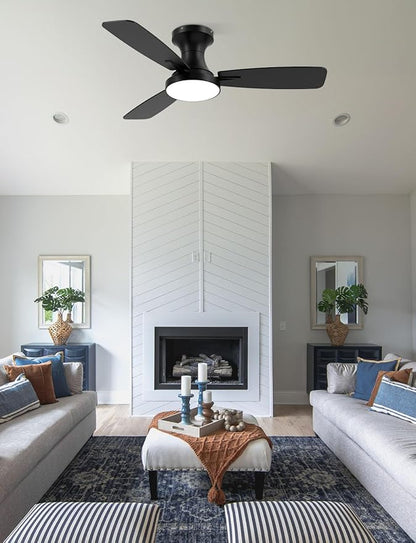 Homlit 42 inch Smart Ceiling Fan with Light, Low Profile Flush Mount with Remote Control, Ultra-Quiet Reversible DC Motor, 3 Color Temperatures & 6 Speed Dimmable Lighting for Bedroom, Black
