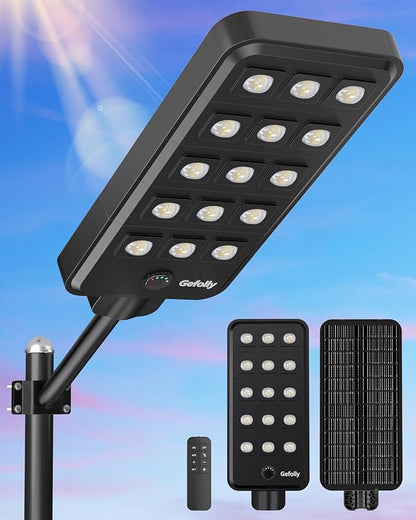 Gefolly G-15000W Solar Street Light Outdoor, Wide Angle Commercial Parking Lot Light Dusk to Dawn 6500K IP67 Flood Security with Motion Sensor Lamp for Yard, Basketball Court