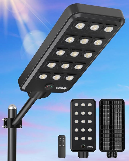 Gefolly G-15000W Solar Street Light Outdoor, Wide Angle Commercial Parking Lot Light Dusk to Dawn 6500K IP67 Flood Security with Motion Sensor Lamp for Yard, Basketball Court