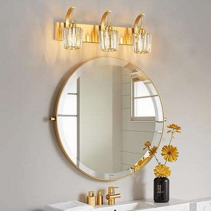 FDPBY Modern Bathroom Vanity Light, 3-Light Gold Wall Sconce with Crystal Accents, Over Mirror Bathroom Lighting Fixture, 23.62" Long Dimmable Vanity Lamp for Makeup, Easy Installation