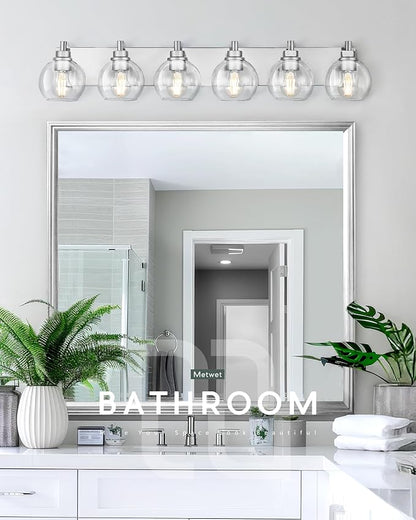 METWET Bathroom Light Fixtures, 6 Light Brushed Nickel Vanity Light, 38 Inch Modern Wall Sconces with Globe Clear Glass Shade, Vanity Lighting Fixtures Over Mirror, VL195-BN-6