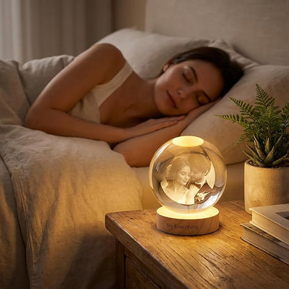 Yijhpbc Custom 3D Crystal Photo Night Light Personalized Photo Crystal Ball Engraved Picture Lamp with Wood Base Memorial Gift for Pets Family Couple Birthday Valentine's Day (Style 2)
