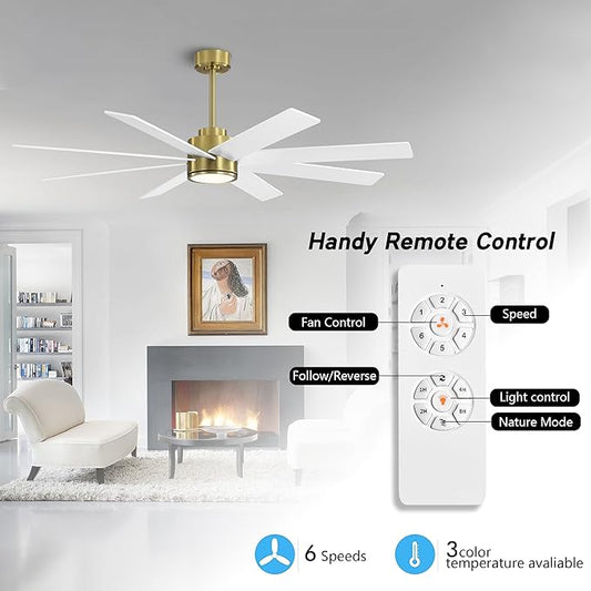 WINGBO 60" Large DC Ceiling Fans with Lights and Remote, 3 Downrods, 8 Plywood Blades, 6-Speeds Reversible DC Motor, 3CCT, Indoor Ceiling Fan for Bedroom Living Room Patio, Brass and White