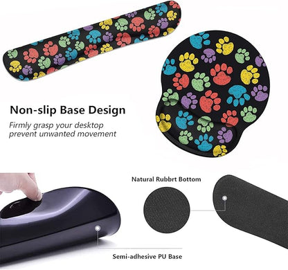 Keyboard Wrist Rest and Mouse Pad Wrist Support Set with Coasters, Non-Slip PU Base Ergonomic Gaming Mousepad for Home Office Working Studying Easy Typing & Pain Relief, Colorful Dog Paw Print