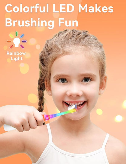 SEAGO Kids Electric Toothbrush with 2 Mins Brushing Timer and 4 Replacement Bursh Heads, Rainbow LED Light Make Brushing Fun, Boys Battery Powerd Toothbrush for 4-12 Years Old，SG-977(Orange)