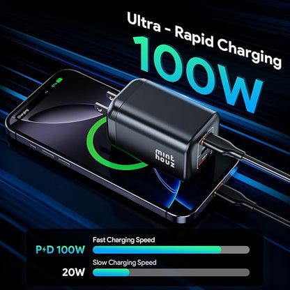 Minthouz 100W GaN Charger, 3-Port PD3.0 Fast Charging Station with Type-C & USB-A, Foldable Charger Block with 3.94FT Cable for MacBook Pro/Air, iPhone 17 16 15, Galaxy S24/S23, Pixel 8 and More