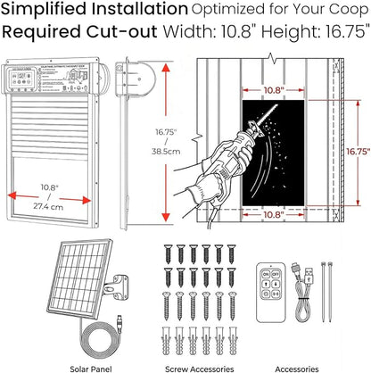 XRDZYXGS Automatic Chicken Coop Door Opener, Space-Saving Roll-up Design, 11.8" x 18.9" Aluminum Alloy Poultry Door for Ducks Geese, Solar Panel with Built-in 6000mAh Battery, Support USB-A Power
