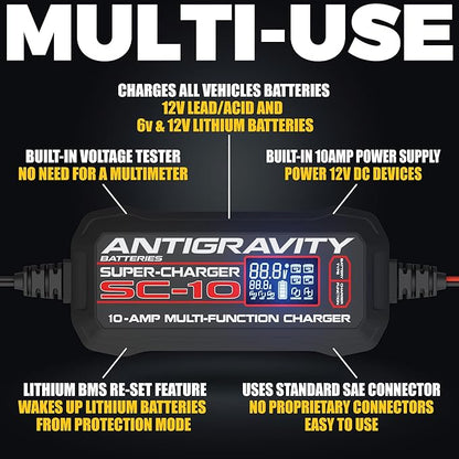 Antigravity SC-10 Super-Charger 10A Smart Battery Charger & Maintainer for 6V/12V Lithium (LiFePO4) & Lead-Acid Batteries – LCD Display, Power Supply Mode, BMS Reset