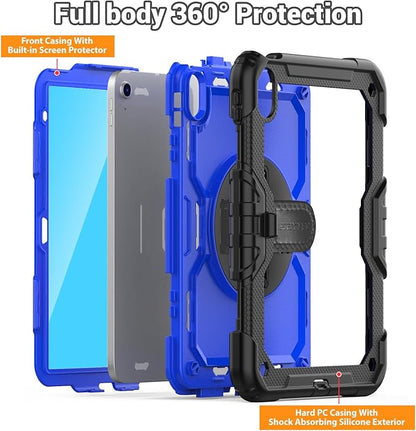 SEYMAC Case for iPad (A16) 11th/10th Generation 2025/2022 (11″/10.9″), Heavy Duty Full-Body Shockproof Protective Case with Screen Protector, Rotating Stand, Hand/Shoulder Strap, Black/Dark Blue