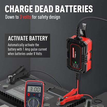 Sailvono 1A Battery Charger, 6V and 12V Smart Trickle Charger, 10-Stages 14.6 Volt LiFePO4 Automatic Battery Maintainer with Supply Mode for Motorcycle Car Lawn Mower Boat Marine Lead Acid Batteries