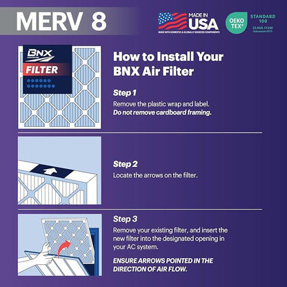 BNX TruFilter 18x18x1 Air Filter MERV 8 (6-Pack) - MADE IN USA – Dust & Pet Defense Air Conditioner HVAC AC Furnace Filters for Dust, Pet, Mold, Pollen MPR 600 – 700 & FPR 5