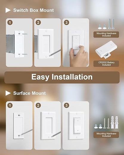 TREEWELL 3 Way Wireless Light Switch and Receiver Kit, Decorator Rocker Wall Switch, 200FT RF Range, No in-Wall Wiring Required, Programmable & Expandable for Ceiling Light, Fans, Lamps
