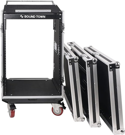 Sound Town Heavy-Duty 1/2" (12mm) Plywood 16U PA DJ Pro Audio Rack/Road ATA Case with 11U Slant Mixer Top, Locking Drawer, Side Table, 20’’ Rackable Depth and Casters (STMR-16TD3)
