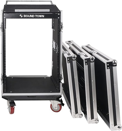 Sound Town Heavy-Duty 1/2" (12mm) Plywood 16U PA/DJ Rack/Road Case with 11U Slant Mixer Top, 20’’ Rackable Depth, DJ Work Table and Casters, 16-Space Size, Pro Tour Grade (STMR-16UWT)