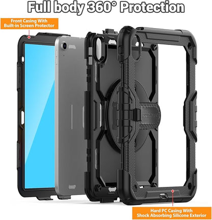 SEYMAC for iPad (A16) 11th/10th Generation Case 2025/2022 (11″/10.9″), Sturdy Heavy Duty Full-Body Shockproof Protective Case with Screen Protector, Rotating Stand, Hand/Shoulder Strap, Black
