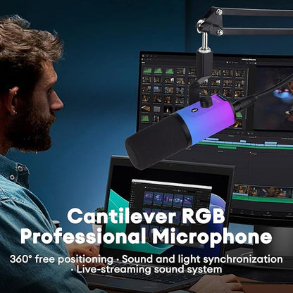 Gaming Microphone for PC, Streaming Mic with RGB Lighting, Mute & Gain Control, Boom Arm, Pop Filter, USB Condenser Gaming Mic for Podcasting, YouTube, Discord, PS4/PS5, Mac, Microfono Profesional (A)