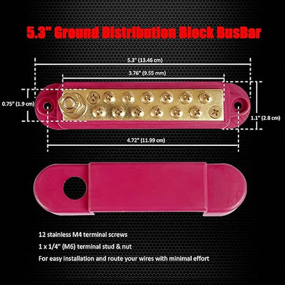 1/4" Stud Power Distribution Block Bus Bar with 12 x #8 Screws, Ampper 5.3" 12V 150A Marine BusBar Brass Battery Distribution Block W/Cover for Car Boat Solar (Red)