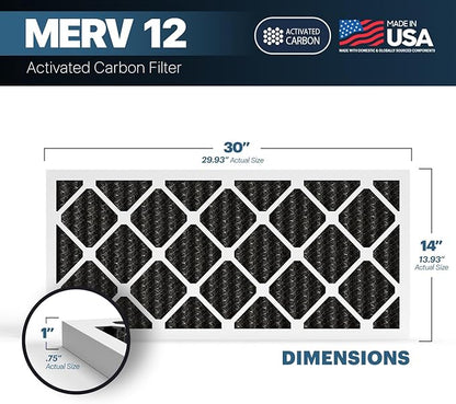 BNX TruFilter 14x30x1 MERV 12 Odor Defense (4-Pack) AC Furnace Air Filter with Activated Carbon - MADE IN USA - Pleated Air Conditioner HVAC AC Furnace Filters - Removes Odor, Mold, Bacteria, Smoke